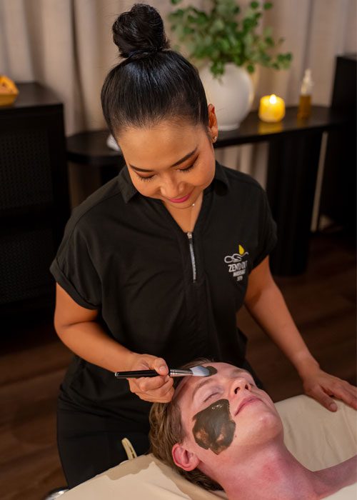 A therapist applying a facial mud mask to a relaxed client.