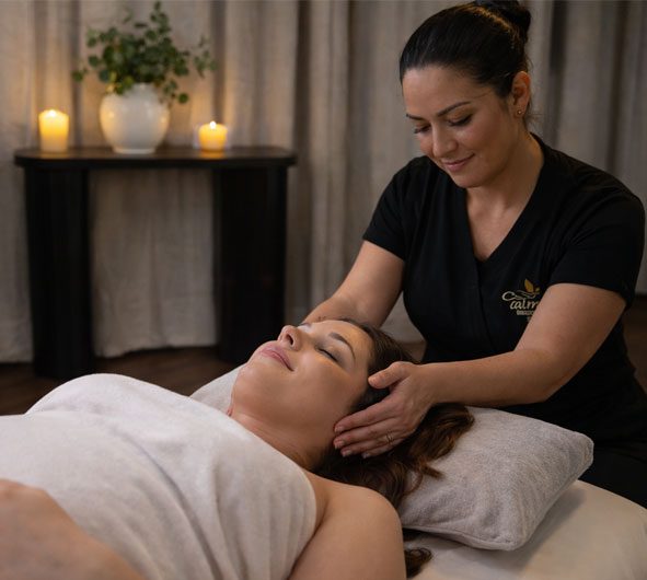 A woman receiving a massage by a therapist