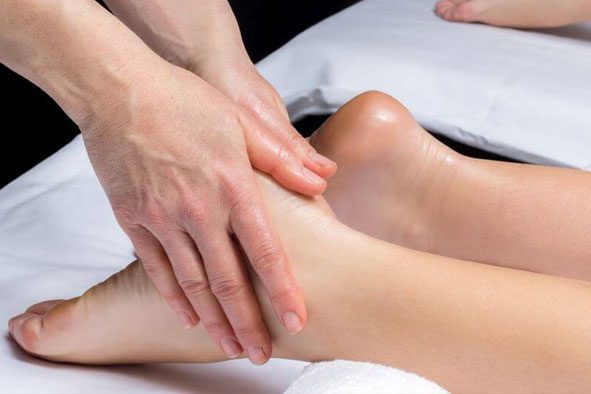A therapist giving a person a relaxing foot massage