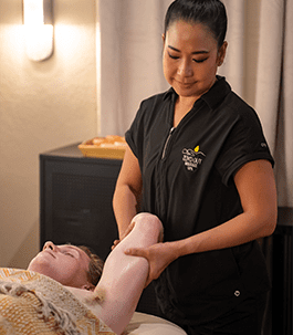 A therapist performing a sports massage on a client's back.	